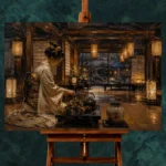 Amber & Deep Blue Tea House Japanese Geisha Art Canvas Print - Image 2