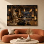 Amber & Deep Blue Tea House Japanese Geisha Art Canvas Print - Image 3