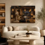 Amber & Deep Blue Tea House Japanese Geisha Art Canvas Print - Image 7