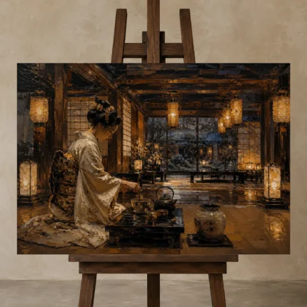 Amber & Deep Blue Tea House Japanese Geisha Art Canvas Print shown in Studio Easel