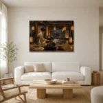 Amber & Deep Blue Tea House Japanese Geisha Art Canvas Print styled in a refined neutral interior