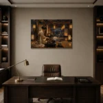 Amber & Deep Blue Tea House Japanese Geisha Art Canvas Print displayed in a contemporary gallery-inspired room