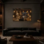 Amber & Deep Blue Tea House Japanese Geisha Art Canvas Print shown in a warm modern interior