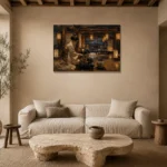 Amber & Deep Blue Tea House Japanese Geisha Art Canvas Print presented in a sophisticated home setting