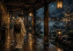 Amber & Deep Blue Rain Walk Lantern Japanese Geisha Art Canvas Print