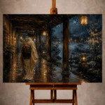 Amber and deep blue cinematic Japanese Geisha Art print for elegant interiors. No text or watermarks in design.