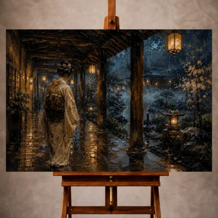 Amber and deep blue cinematic Japanese Geisha Art print for elegant interiors. No text or watermarks in design.