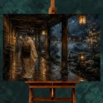 Amber & Deep Blue Rain Walk Lantern Japanese Geisha Art Canvas Print - Image 2