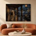 Amber & Deep Blue Rain Walk Lantern Japanese Geisha Art Canvas Print - Image 3