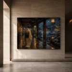 Amber & Deep Blue Rain Walk Lantern Japanese Geisha Art Canvas Print - Image 6