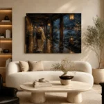Amber & Deep Blue Rain Walk Lantern Japanese Geisha Art Canvas Print - Image 7