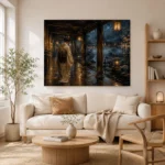 Amber & Deep Blue Rain Walk Lantern Japanese Geisha Art Canvas Print - Image 8