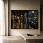Amber & Deep Blue Rain Walk Lantern Japanese Geisha Art Canvas Print - Image 11