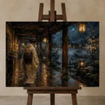 Amber & Deep Blue Rain Walk Lantern Japanese Geisha Art Canvas Print displayed on a studio easel