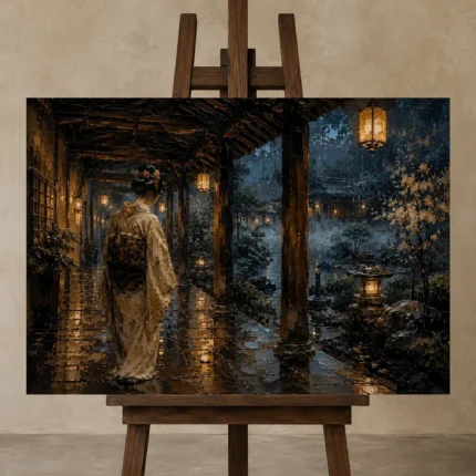 Amber & Deep Blue Rain Walk Lantern Japanese Geisha Art Canvas Print shown in Studio Easel
