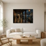 Amber & Deep Blue Rain Walk Lantern Japanese Geisha Art Canvas Print styled in a refined neutral interior