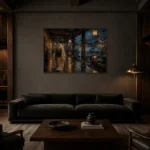 Amber & Deep Blue Rain Walk Lantern Japanese Geisha Art Canvas Print shown in a warm modern interior