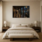 Amber & Deep Blue Rain Walk Lantern Japanese Geisha Art Canvas Print showcased in an elegant minimalist interior
