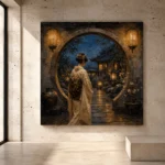 Amber and deep blue serene Japanese Geisha Art print for elegant interiors. No text or watermarks in design.