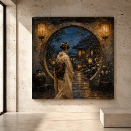 Amber and deep blue serene Japanese Geisha Art print for elegant interiors. No text or watermarks in design.