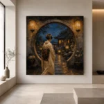 Amber & Deep Blue Moon Gate Japanese Geisha Art Canvas Print - Image 4