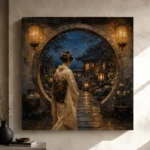 Amber & Deep Blue Moon Gate Japanese Geisha Art Canvas Print - Image 9