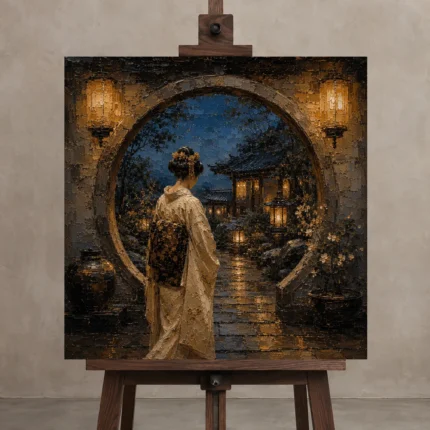 Amber & Deep Blue Moon Gate Japanese Geisha Art Canvas Print shown in Studio Easel