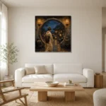 Amber & Deep Blue Moon Gate Japanese Geisha Art Canvas Print styled in a refined neutral interior