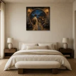 Amber & Deep Blue Moon Gate Japanese Geisha Art Canvas Print showcased in an elegant minimalist interior