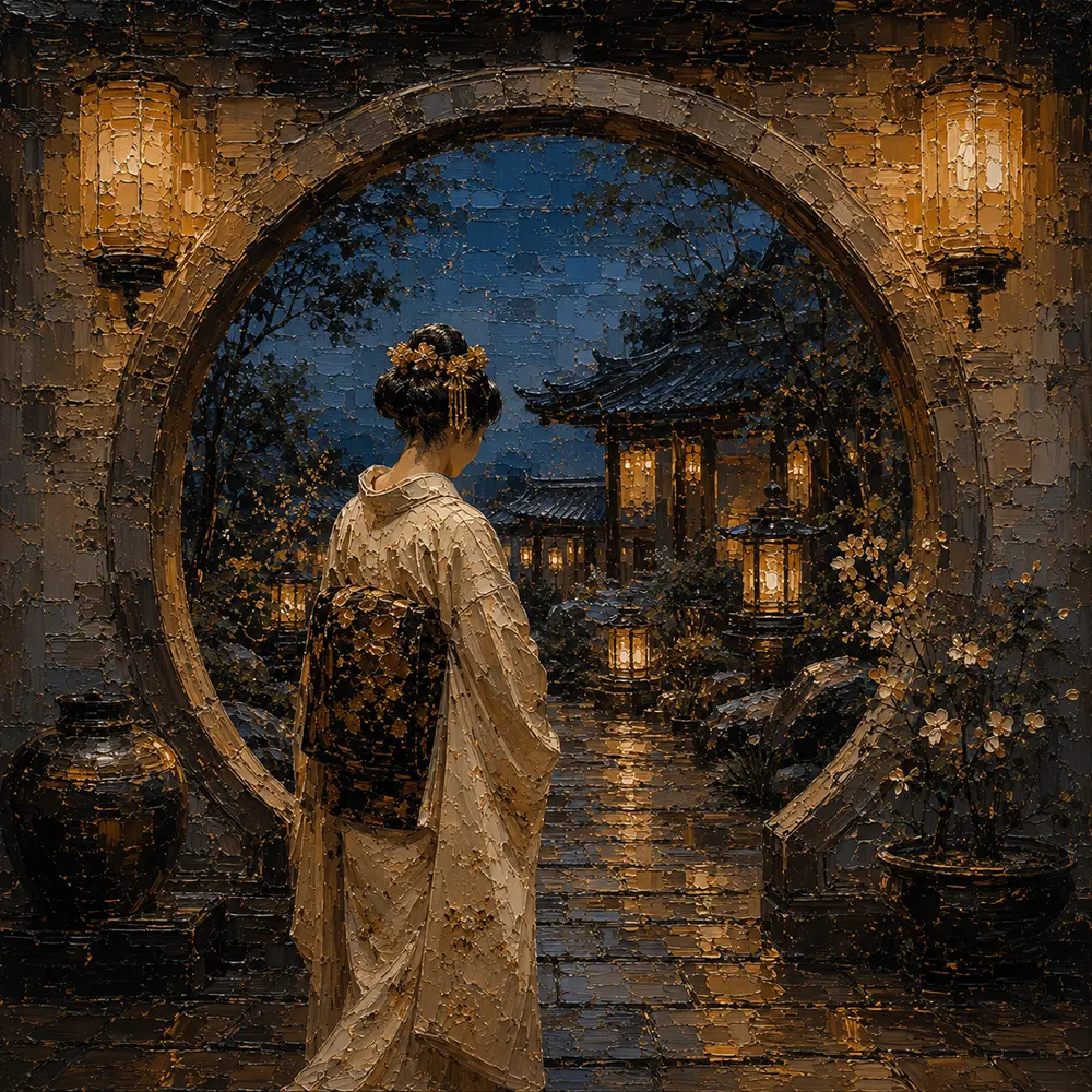 Amber & Deep Blue Alcove Lantern Japanese Geisha Art Canvas Print