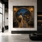 Amber & Deep Blue Alcove Lantern Japanese Geisha Art Canvas Print - Image 3