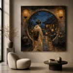 Amber & Deep Blue Alcove Lantern Japanese Geisha Art Canvas Print - Image 5