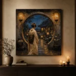 Amber & Deep Blue Alcove Lantern Japanese Geisha Art Canvas Print - Image 6