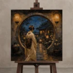 Amber & Deep Blue Alcove Lantern Japanese Geisha Art Canvas Print displayed on a studio easel