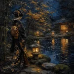 Amber & Deep Blue Garden Pond Japanese Geisha Art Canvas Print