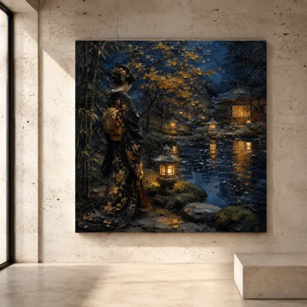 Amber and deep blue contemplative Japanese Geisha Art print for elegant interiors. No text or watermarks in design.