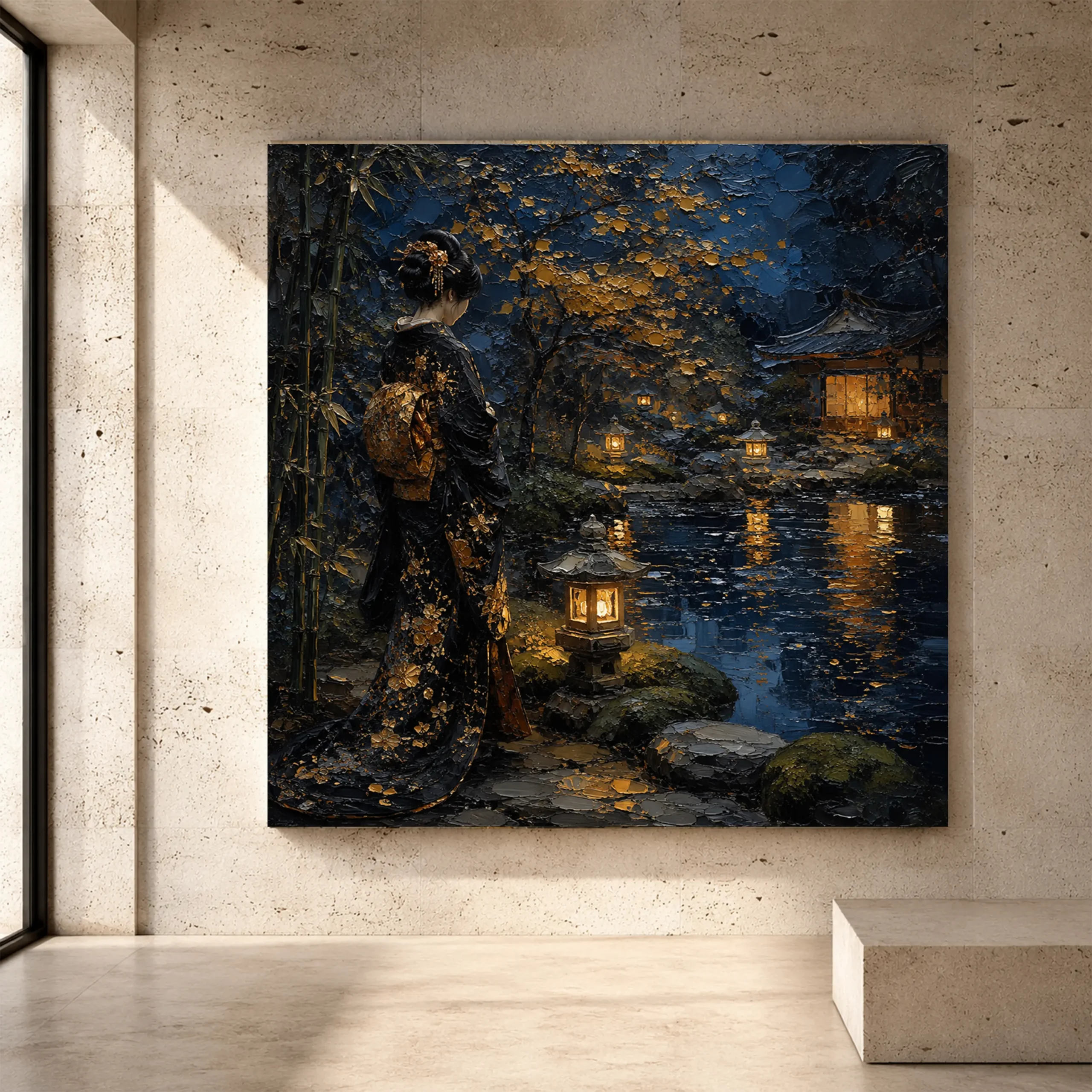 Premium Wall Art Kare Html Edition – GYSHA053 Image 1 Amber and deep blue contemplative Japanese Geisha Art print for elegant interiors. No text or watermarks in design.
