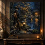 Amber & Deep Blue Garden Pond Japanese Geisha Art Canvas Print - Image 2