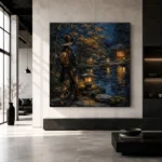 Amber & Deep Blue Garden Pond Japanese Geisha Art Canvas Print - Image 3