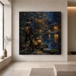 Amber & Deep Blue Garden Pond Japanese Geisha Art Canvas Print - Image 4