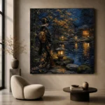 Amber & Deep Blue Garden Pond Japanese Geisha Art Canvas Print - Image 5
