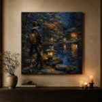 Amber & Deep Blue Garden Pond Japanese Geisha Art Canvas Print - Image 6