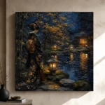 Amber & Deep Blue Garden Pond Japanese Geisha Art Canvas Print - Image 9