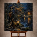 Amber & Deep Blue Garden Pond Japanese Geisha Art Canvas Print - Image 10