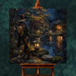 Amber & Deep Blue Garden Pond Japanese Geisha Art Canvas Print - Image 11
