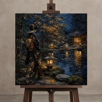 Amber & Deep Blue Garden Pond Japanese Geisha Art Canvas Print shown in Studio Easel