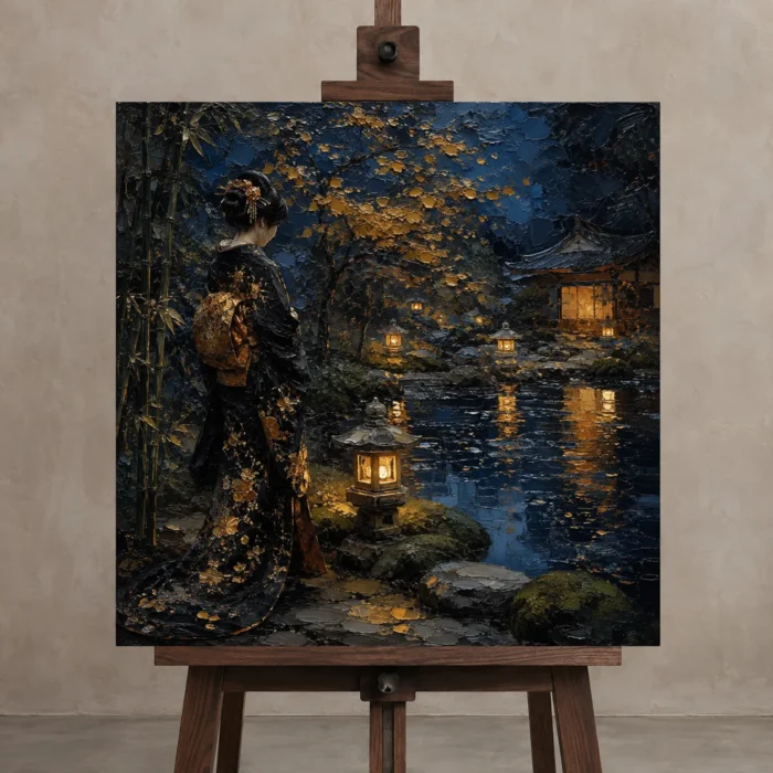 Amber & Deep Blue Garden Pond Japanese Geisha Art Canvas Print displayed on a studio easel