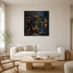 Amber & Deep Blue Garden Pond Japanese Geisha Art Canvas Print styled in a refined neutral interior
