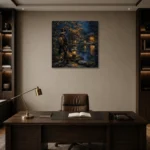 Amber & Deep Blue Garden Pond Japanese Geisha Art Canvas Print displayed in a contemporary gallery-inspired room