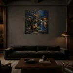 Amber & Deep Blue Garden Pond Japanese Geisha Art Canvas Print shown in a warm modern interior